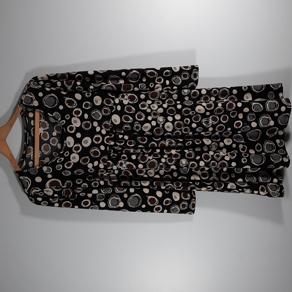 Cha cha vente  black dress lwith gray, beige and brown circles  SZ small